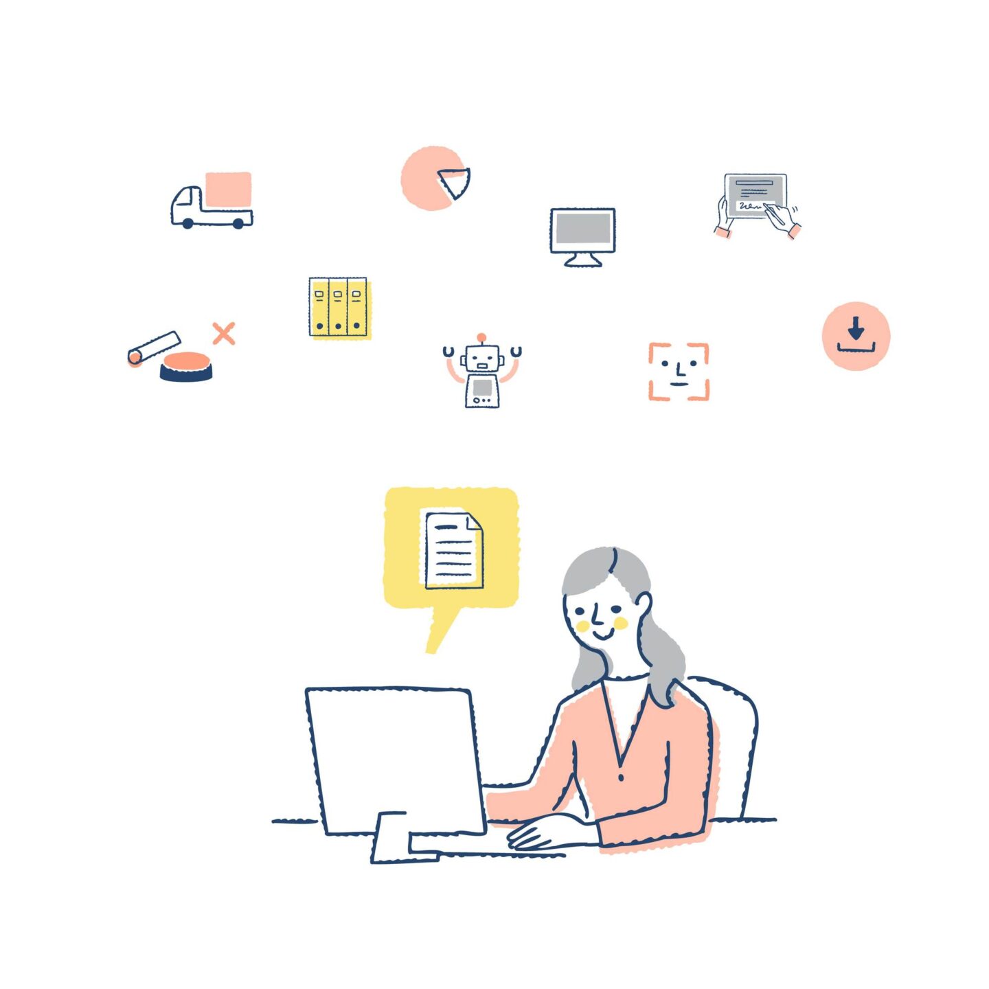 DX時代にデジタルスキルを活用してPC作業を行う女性のイラスト